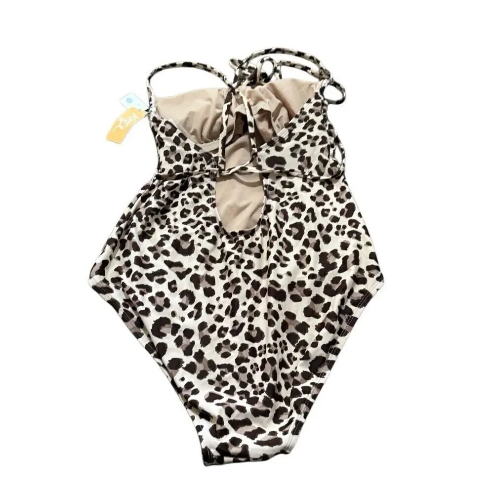 Kona sol women’s leopard print one piece bikini with waist tie size large